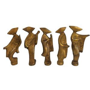 Vintage Set of 5 Japanese Dancing Geisha Cast Iron Figurines Gold Tone MCM 4"